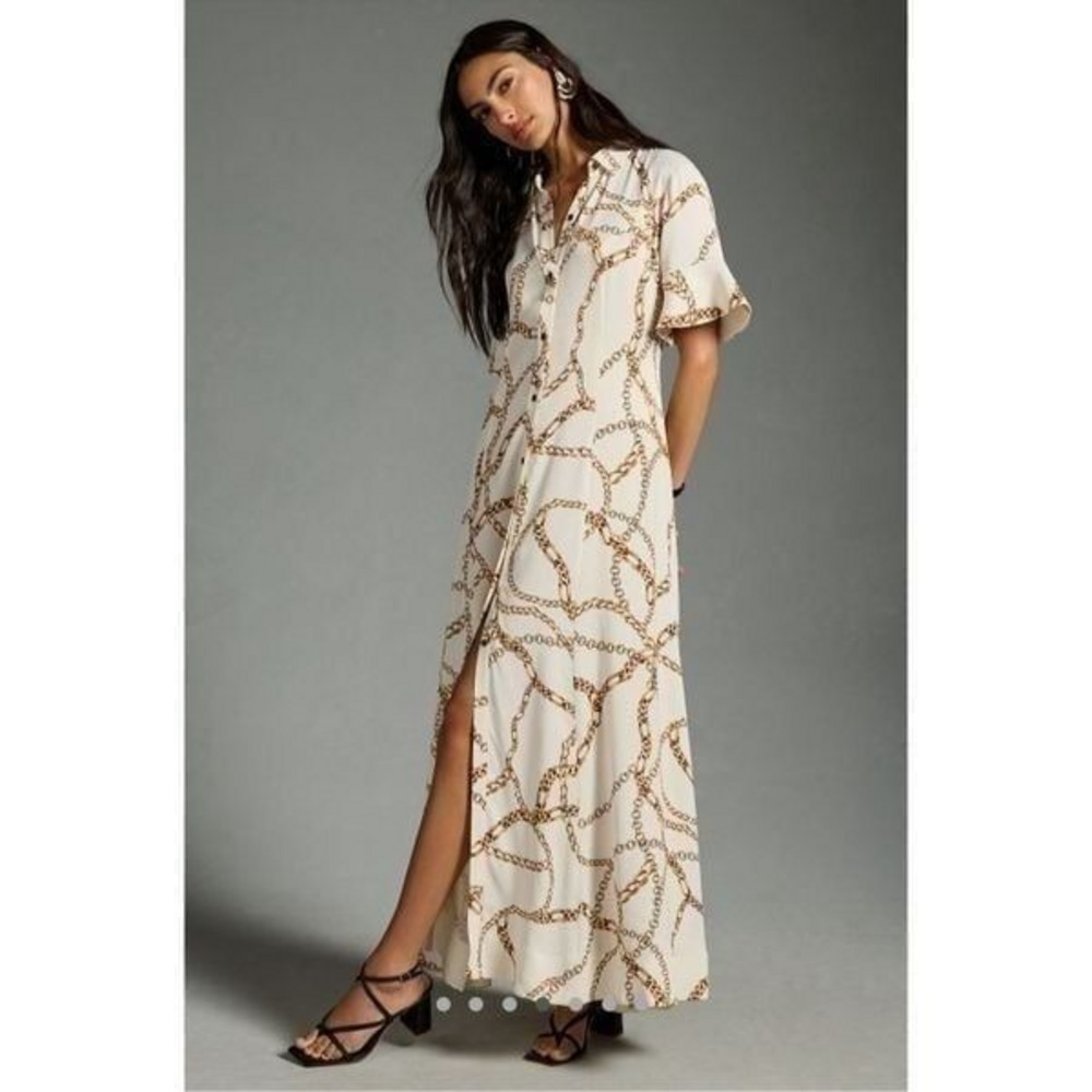NWT Anthro Maeve Short Sleeve Printed Gold Chain Shirt Maxi Dress